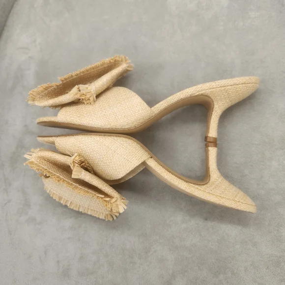 Gianni Bini Mules 8.5 Nude Beige Raffia Le Cadeau Kitten Heel Chunky Bow New$100 - Picture 3 of 16